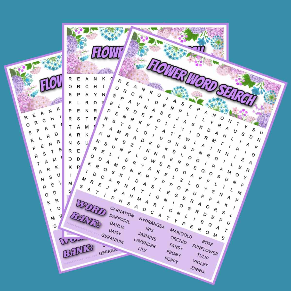 Three flower word search puzzles fanned out on top of each other on a teal blue background.