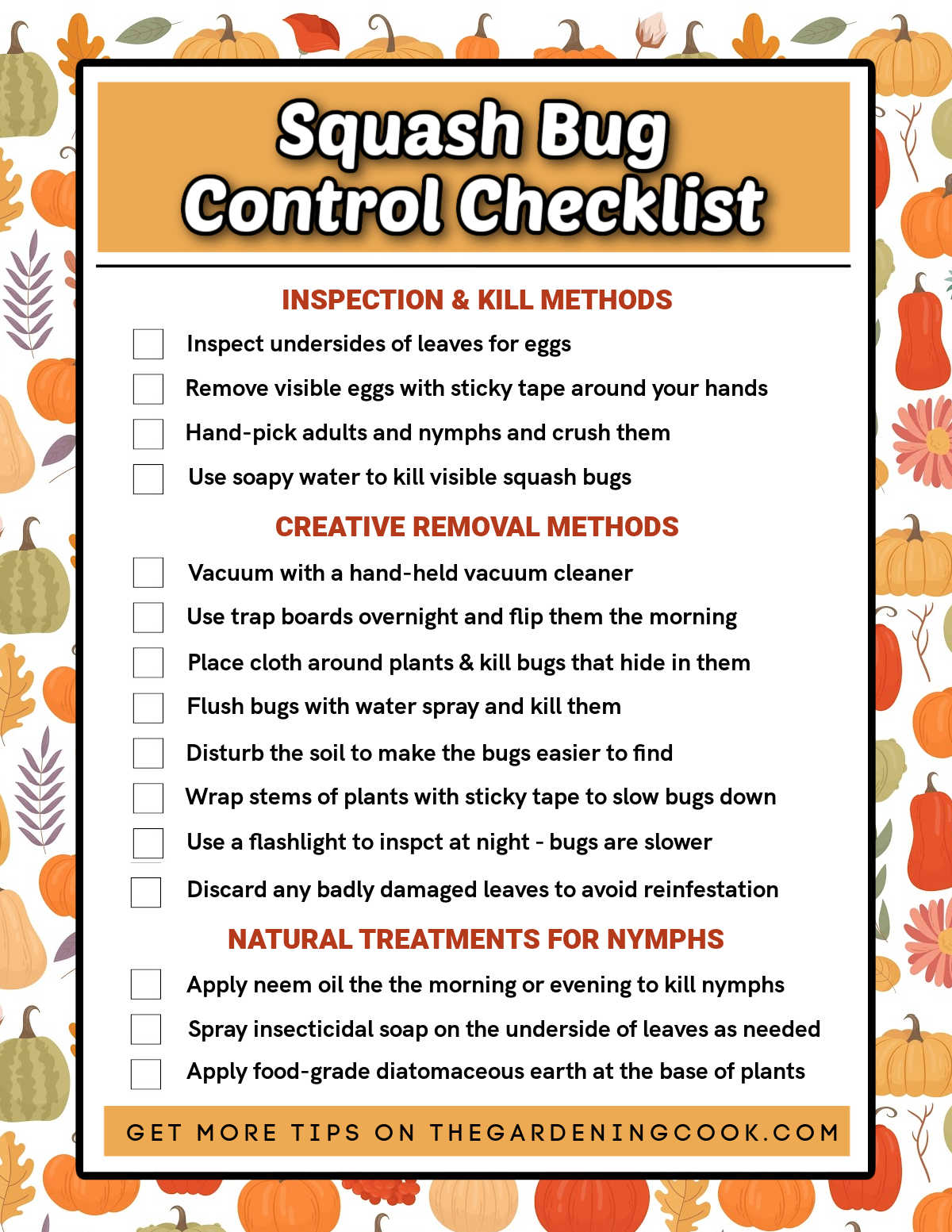 A checklist showing natural ways to control squash bugs including hand picking, removal technigues and nymph treatments.