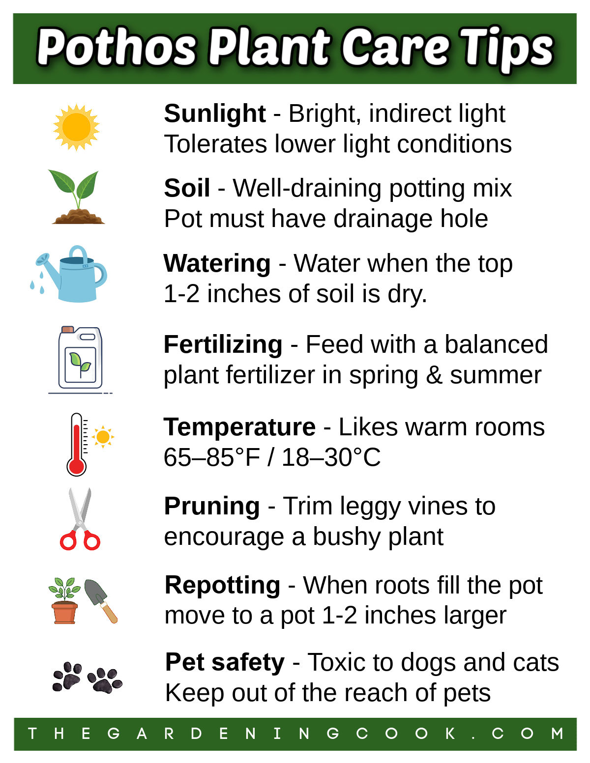 A printable showing tips for pothos plant care with icons and green text blocks.