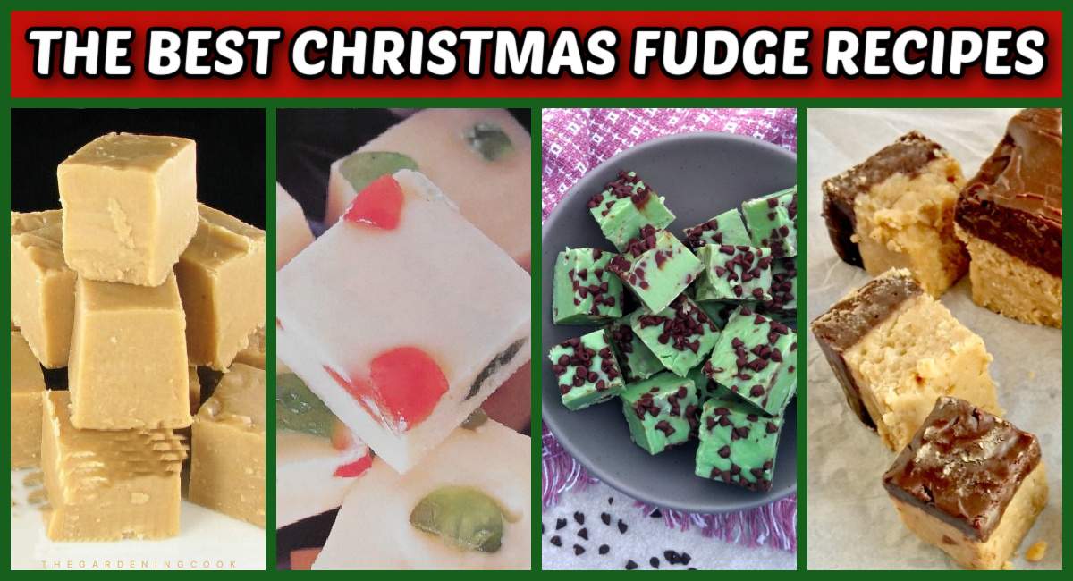 A collage of four holiday fudge recipes with a red rectangle over the top of them with a white text overlay that says the best Christmas fudge recipes. The featured Xmas fudge recipes are Bailey's Irish fudge, white chocolate mosaic fudge, mint chocolate chip and buckeye fudge.