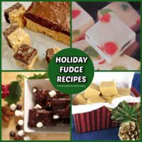 A collage of four Christmas fudge recipes including buckeye fudge, white chocolate mosaic fudge, Bailey's Irish cream fudge and rocky road fudge with a green circle in the center of the collage with a white text overlay that says holiday fudge recipes.