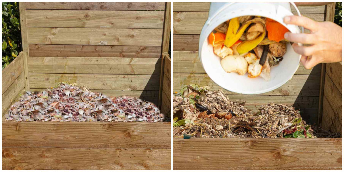 A collage showing a compost bin with leaf mulch on one side and adding food scraps to make compost on the other side.